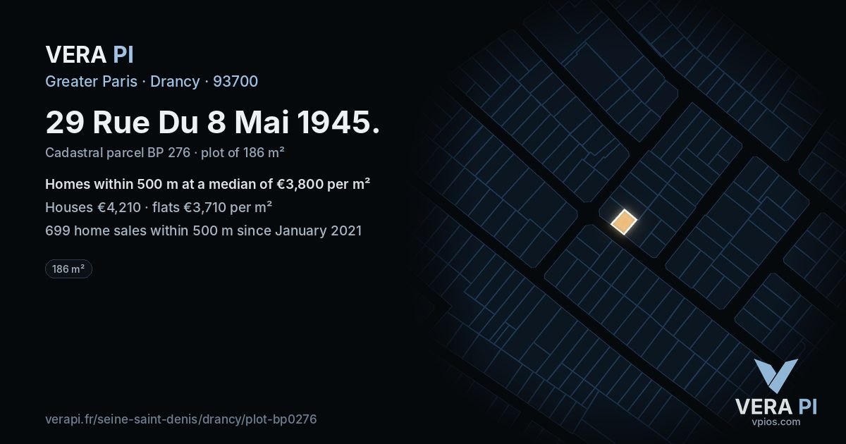 29 Rue Du 8 Mai 1945, Drancy at night – the plot lit, the parcels around coloured by the prices near them
