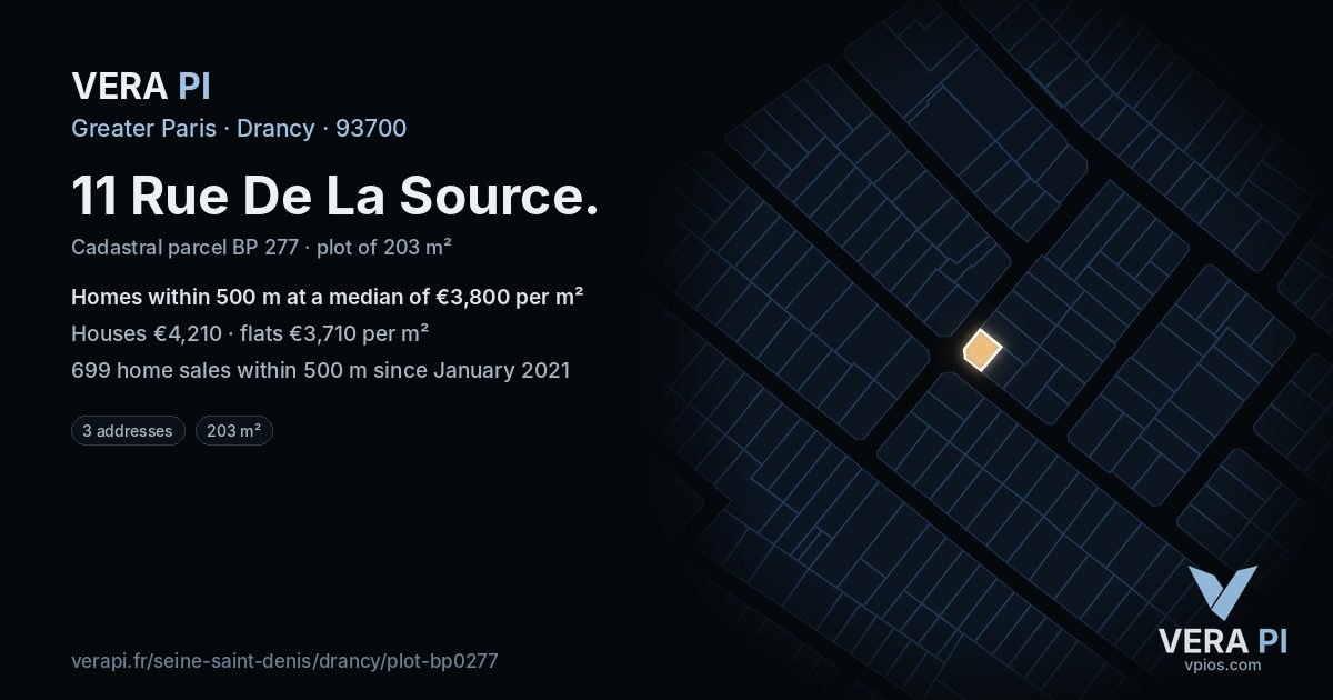 11 Rue De La Source, Drancy at night – the plot lit, the parcels around coloured by the prices near them