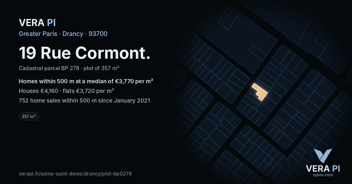 19 Rue Cormont, Drancy at night – the plot lit, the parcels around coloured by the prices near them