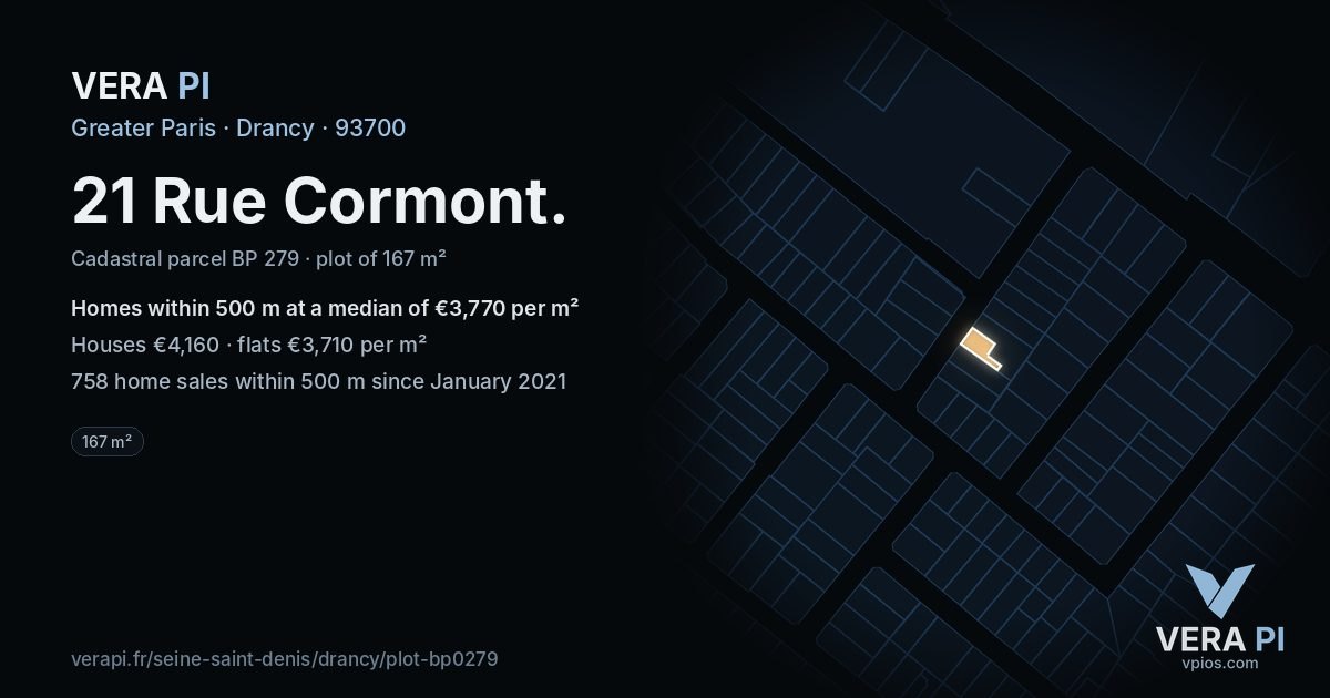 21 Rue Cormont, Drancy at night – the plot lit, the parcels around coloured by the prices near them