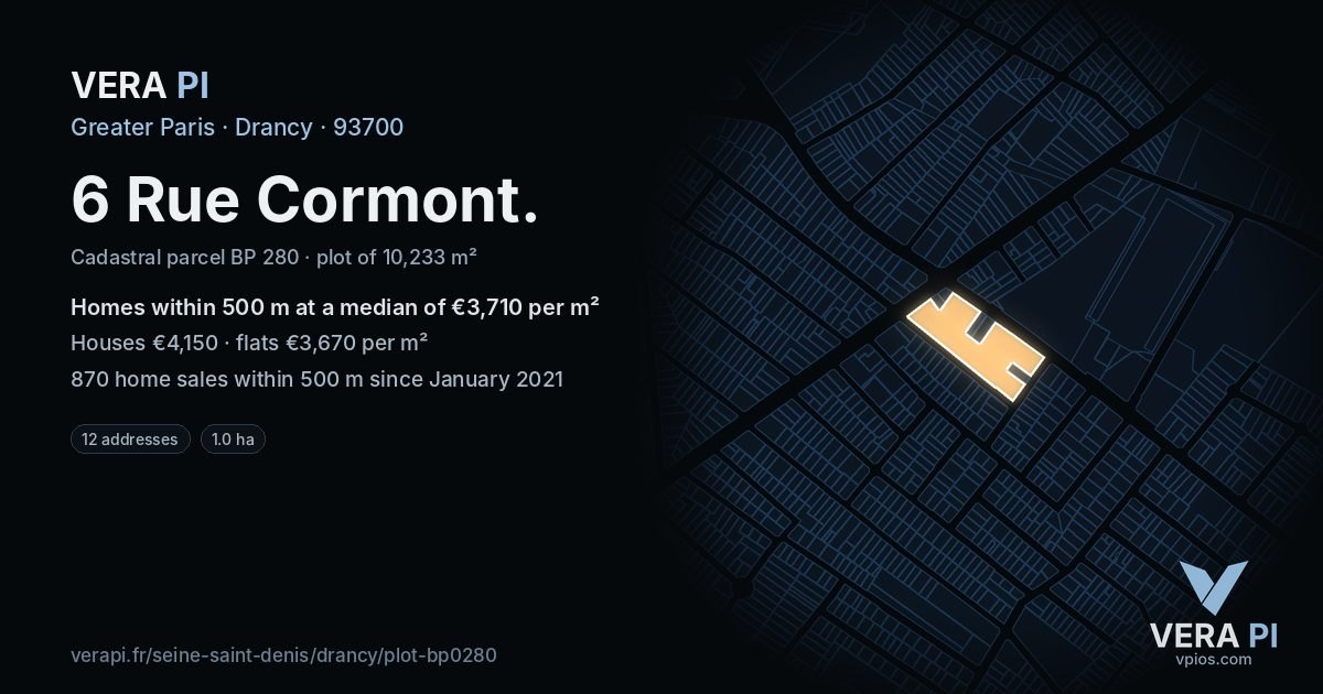 6 Rue Cormont, Drancy at night – the plot lit, the parcels around coloured by the prices near them