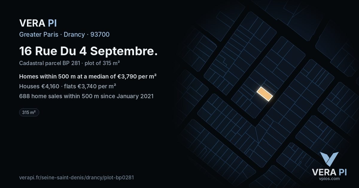 16 Rue Du 4 Septembre, Drancy at night – the plot lit, the parcels around coloured by the prices near them