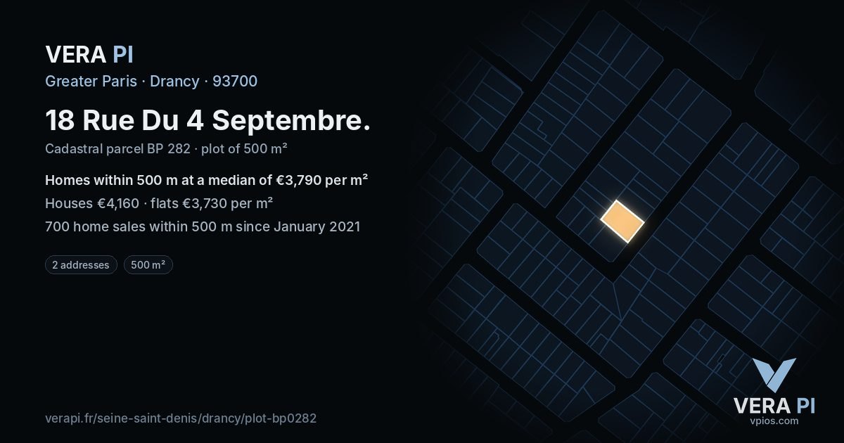 18 Rue Du 4 Septembre, Drancy at night – the plot lit, the parcels around coloured by the prices near them