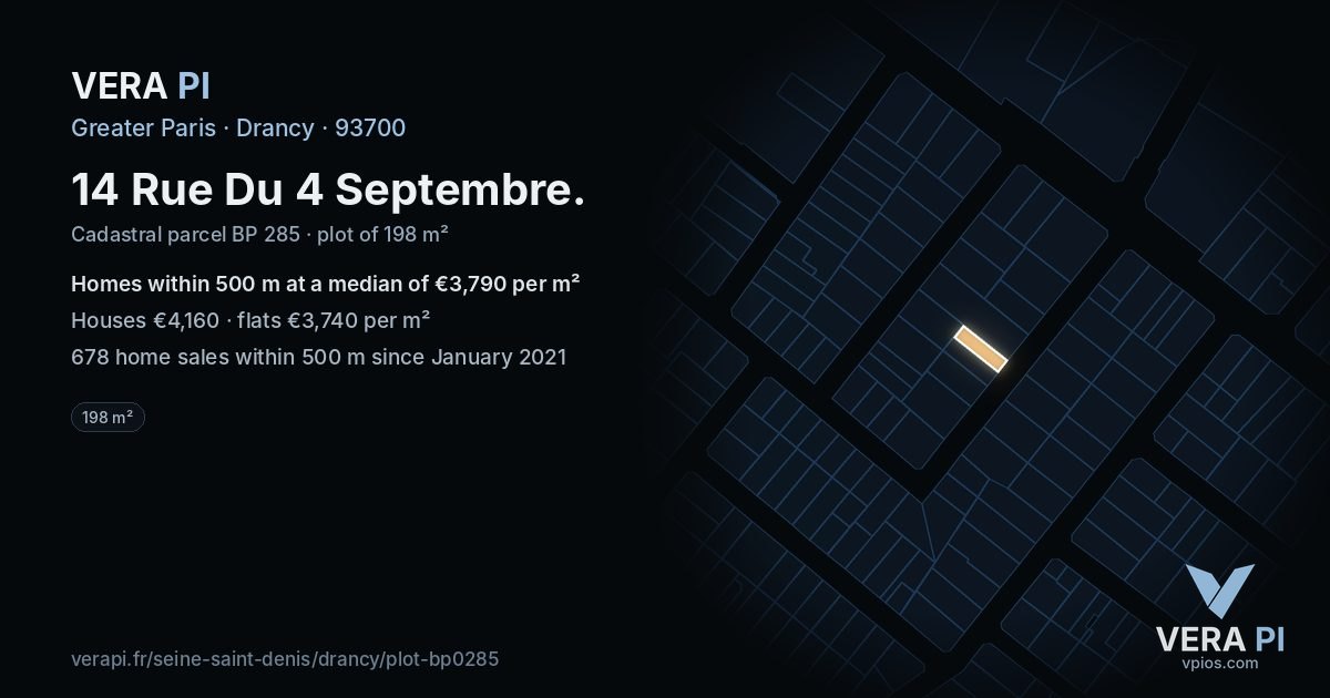 14 Rue Du 4 Septembre, Drancy at night – the plot lit, the parcels around coloured by the prices near them