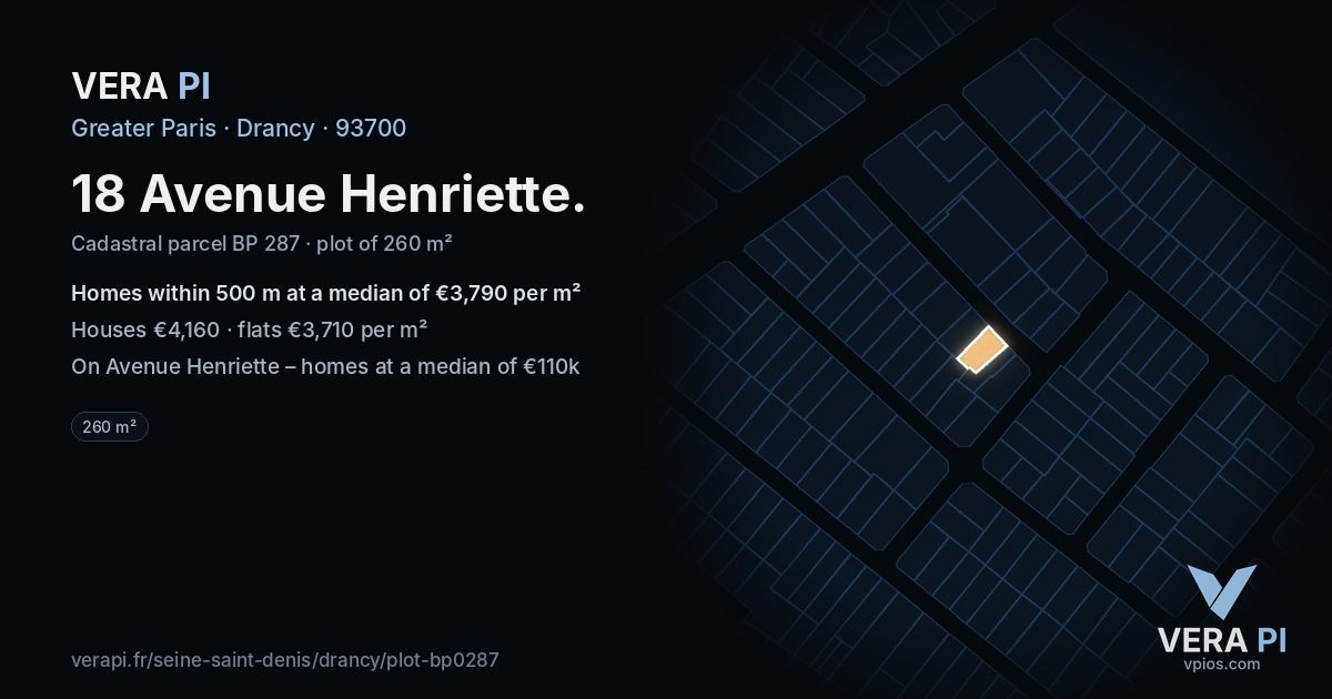 18 Avenue Henriette, Drancy at night – the plot lit, the parcels around coloured by the prices near them