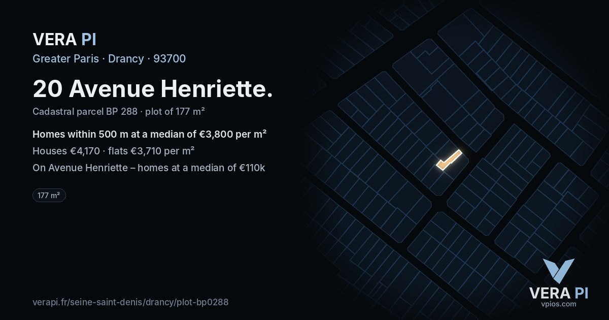 20 Avenue Henriette, Drancy at night – the plot lit, the parcels around coloured by the prices near them