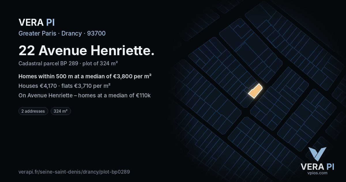 22 Avenue Henriette, Drancy at night – the plot lit, the parcels around coloured by the prices near them