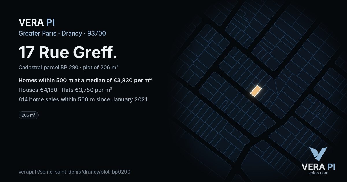 17 Rue Greff, Drancy at night – the plot lit, the parcels around coloured by the prices near them