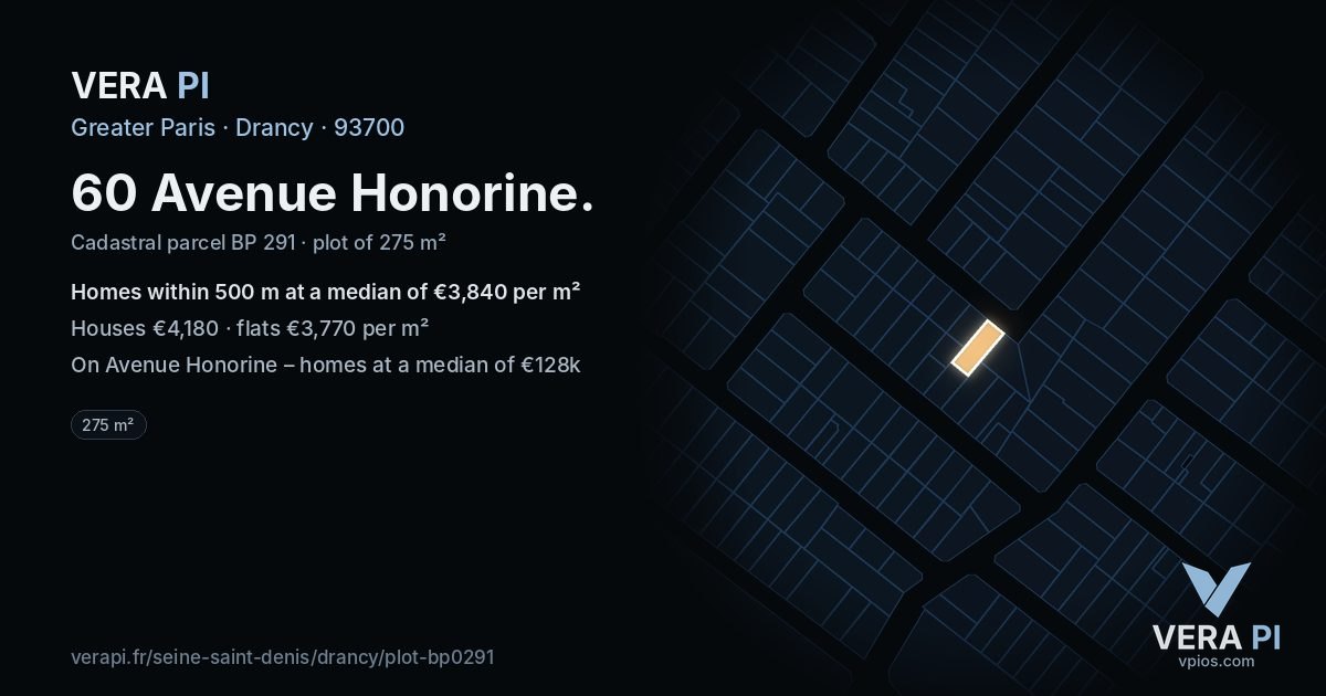 60 Avenue Honorine, Drancy at night – the plot lit, the parcels around coloured by the prices near them