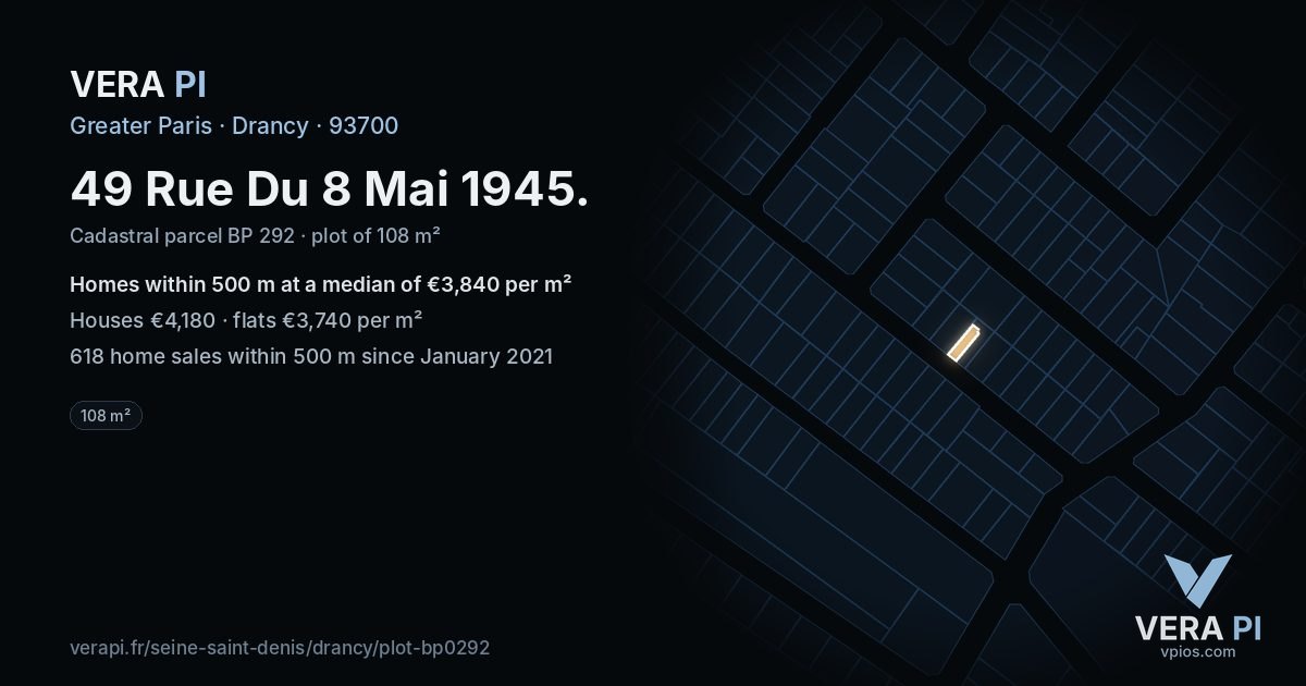 49 Rue Du 8 Mai 1945, Drancy at night – the plot lit, the parcels around coloured by the prices near them