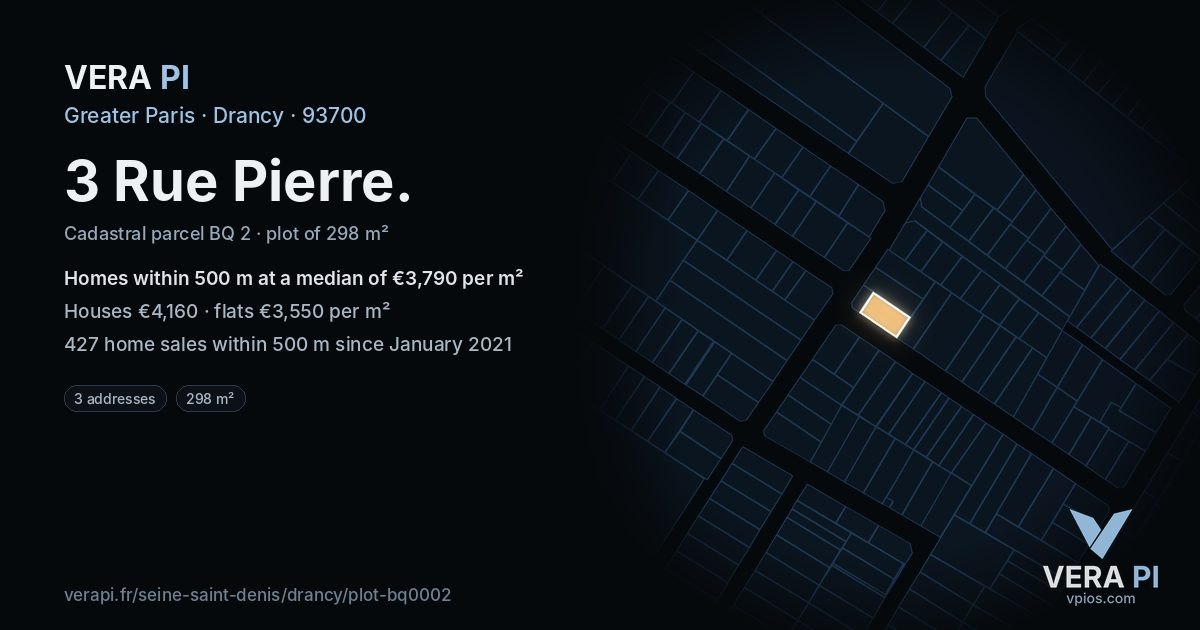 3 Rue Pierre, Drancy at night – the plot lit, the parcels around coloured by the prices near them