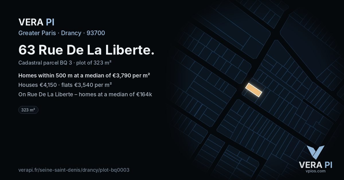 63 Rue De La Liberte, Drancy at night – the plot lit, the parcels around coloured by the prices near them