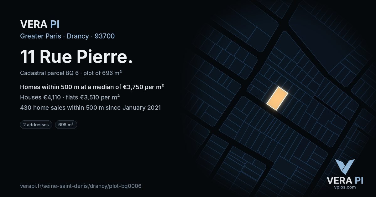 11 Rue Pierre, Drancy at night – the plot lit, the parcels around coloured by the prices near them
