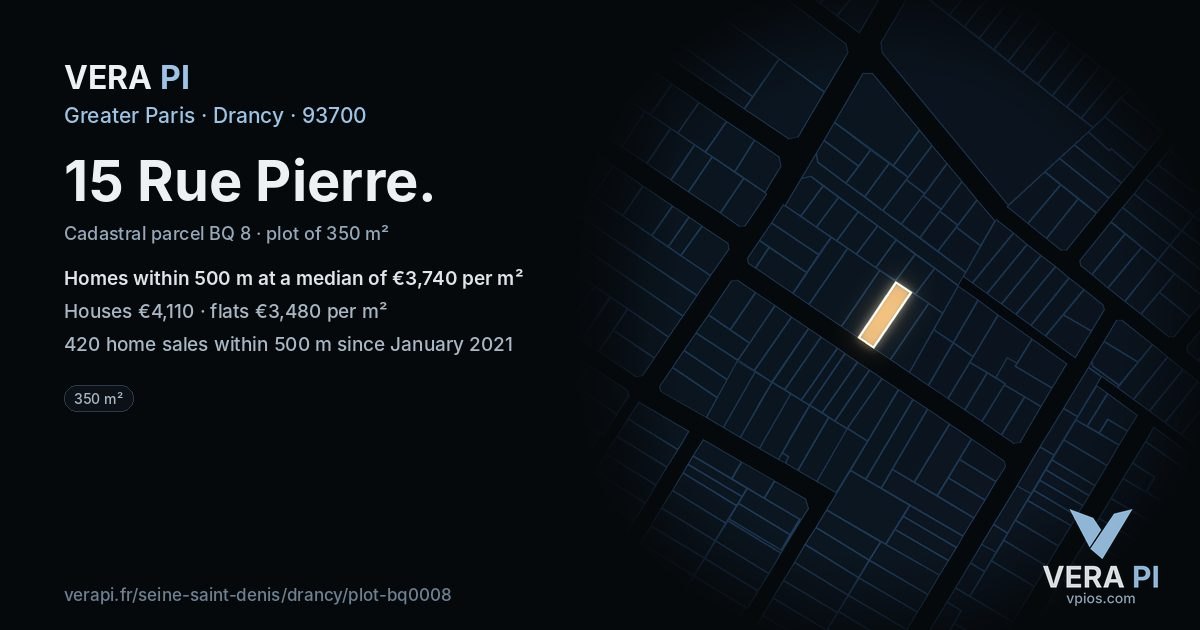 15 Rue Pierre, Drancy at night – the plot lit, the parcels around coloured by the prices near them