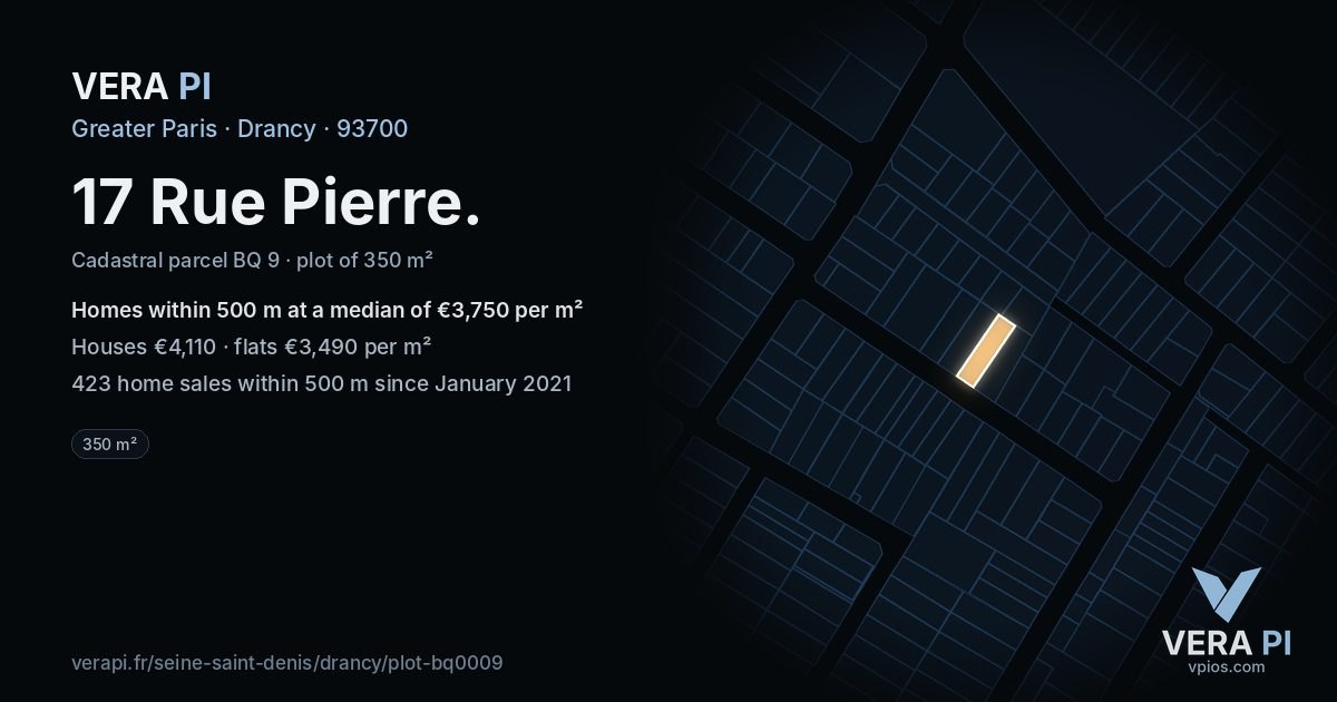 17 Rue Pierre, Drancy at night – the plot lit, the parcels around coloured by the prices near them
