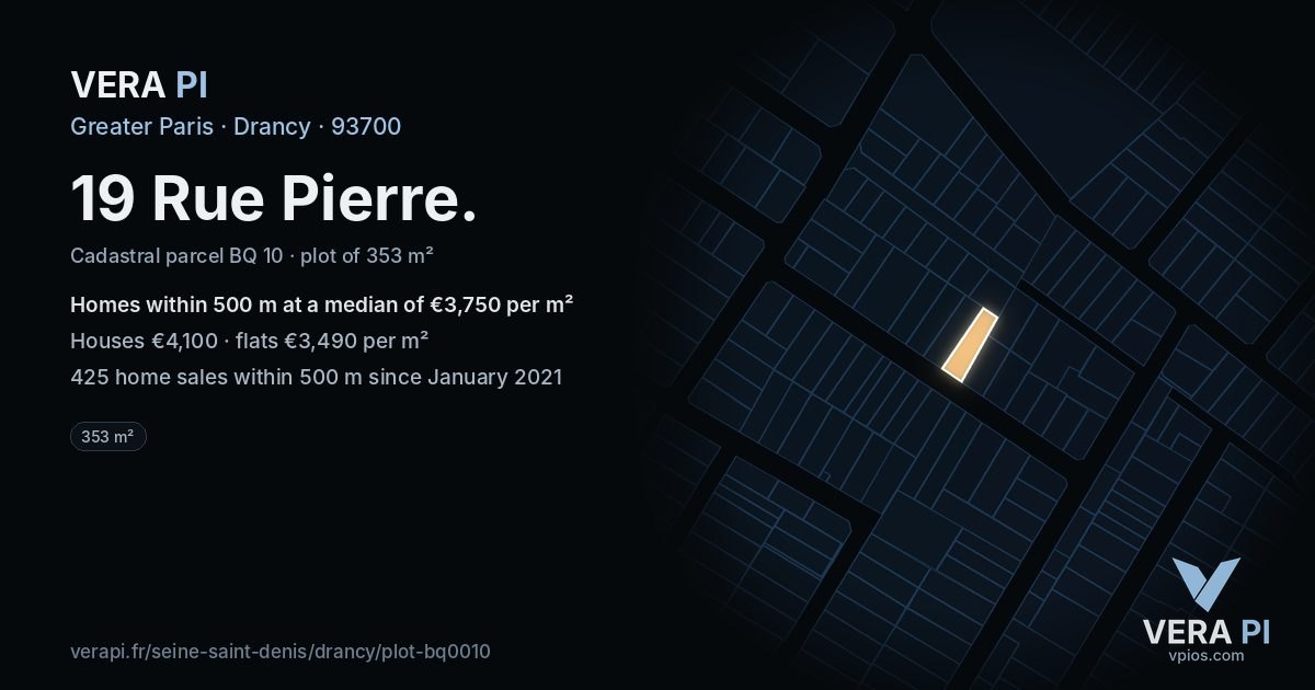 19 Rue Pierre, Drancy at night – the plot lit, the parcels around coloured by the prices near them