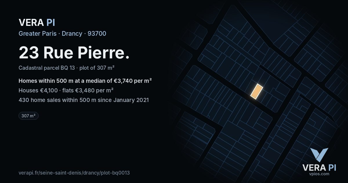 23 Rue Pierre, Drancy at night – the plot lit, the parcels around coloured by the prices near them
