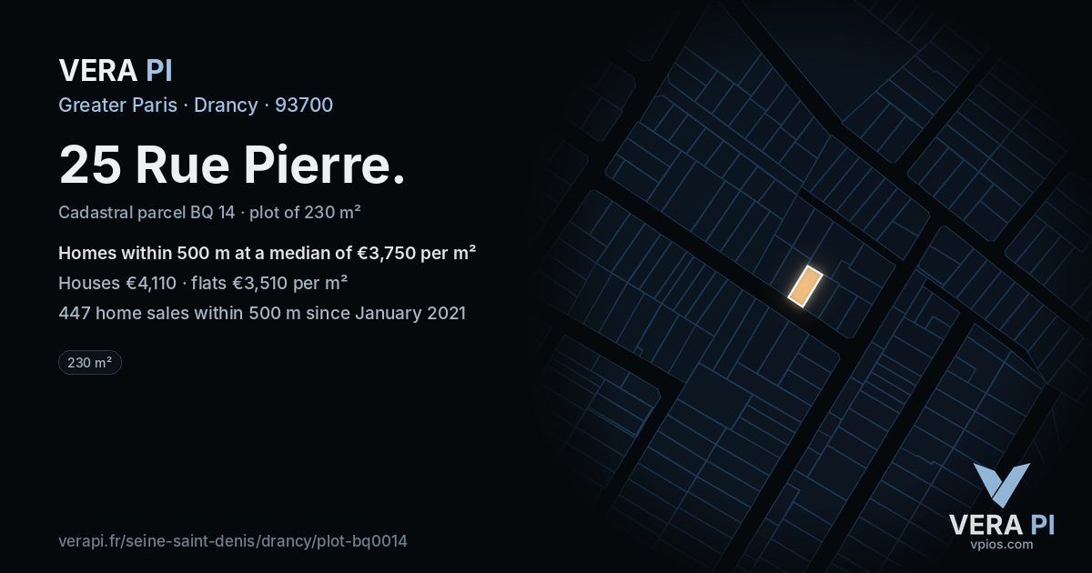 25 Rue Pierre, Drancy at night – the plot lit, the parcels around coloured by the prices near them