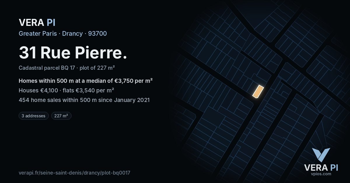 31 Rue Pierre, Drancy at night – the plot lit, the parcels around coloured by the prices near them