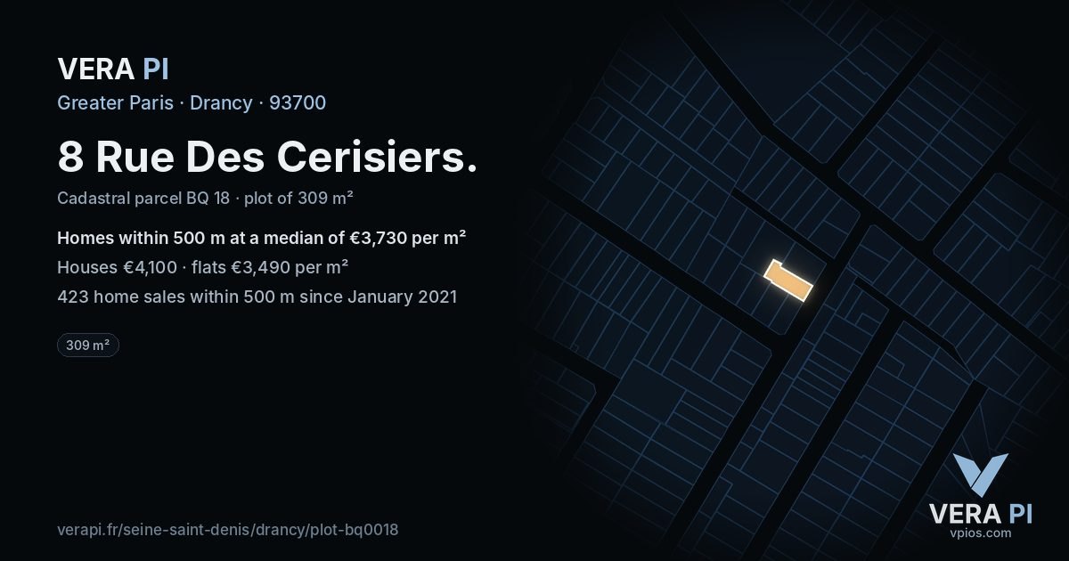 8 Rue Des Cerisiers, Drancy at night – the plot lit, the parcels around coloured by the prices near them