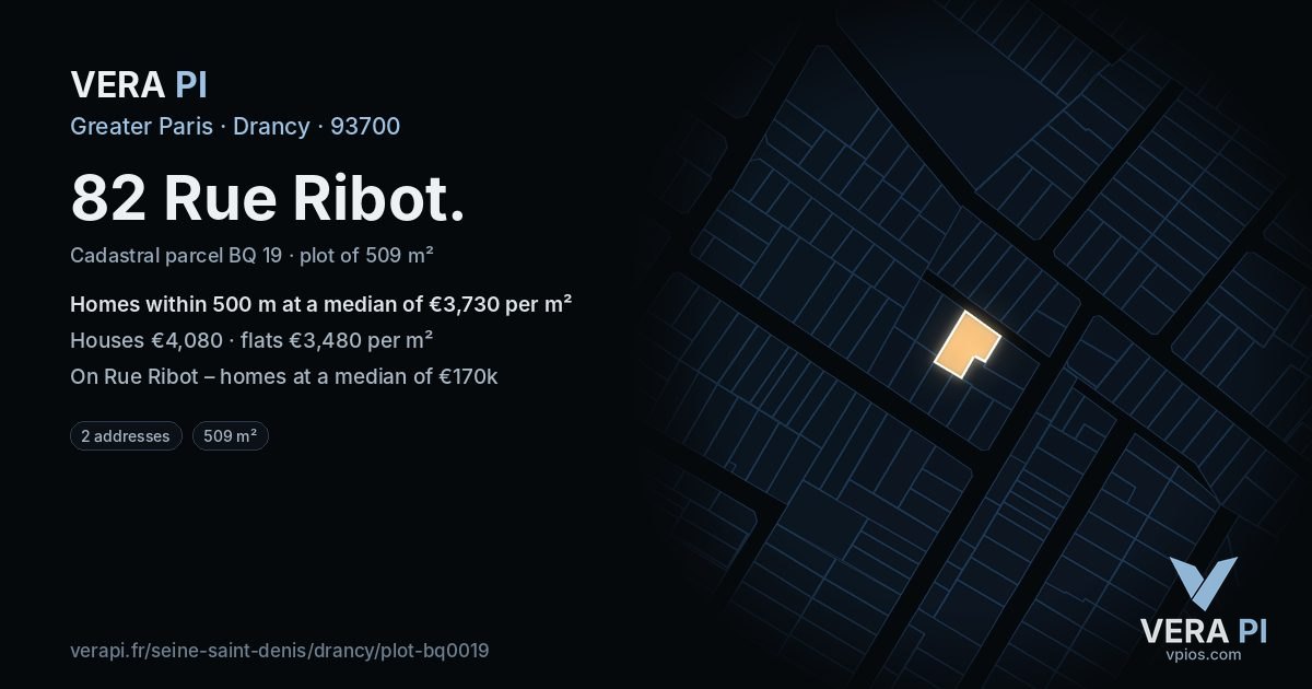 82 Rue Ribot, Drancy at night – the plot lit, the parcels around coloured by the prices near them
