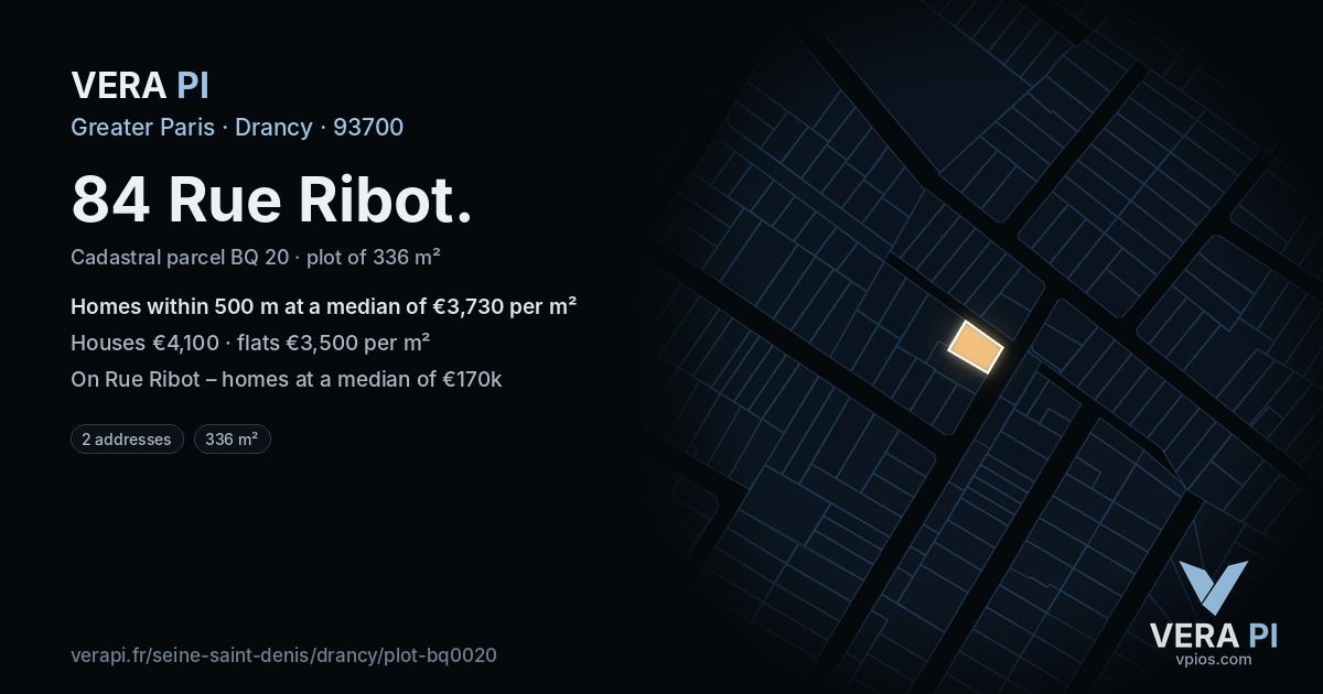 84 Rue Ribot, Drancy at night – the plot lit, the parcels around coloured by the prices near them
