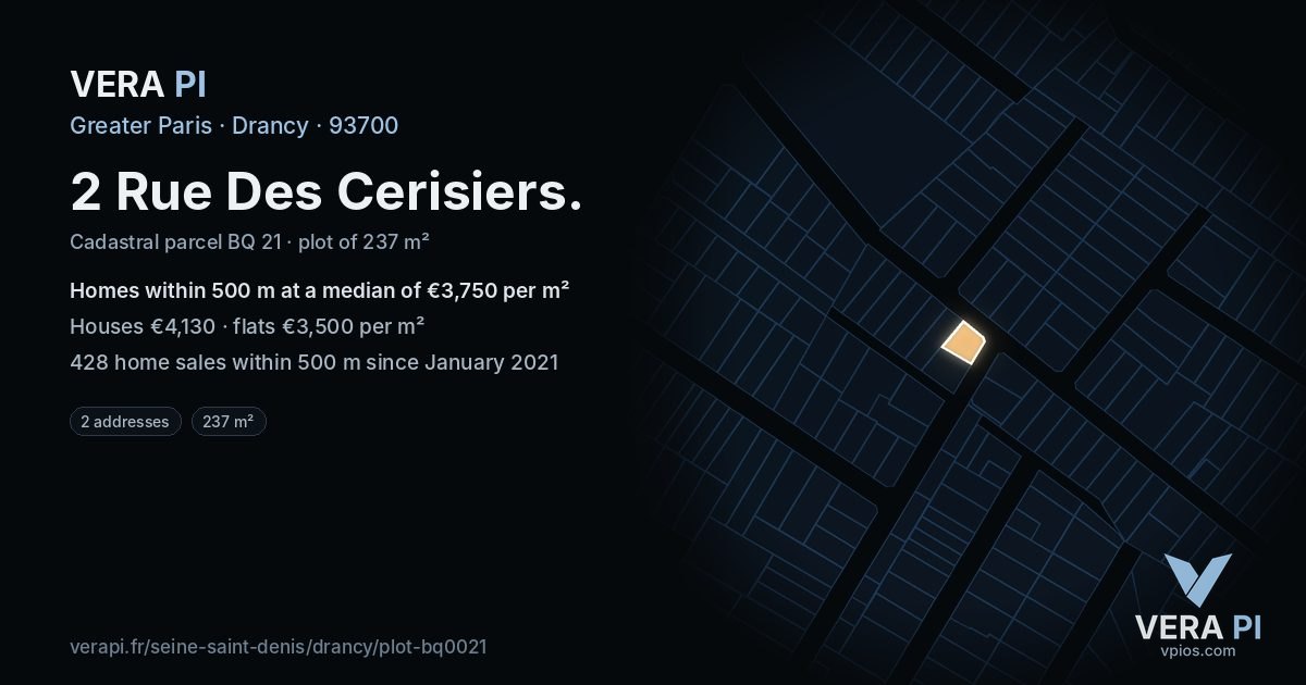 2 Rue Des Cerisiers, Drancy at night – the plot lit, the parcels around coloured by the prices near them
