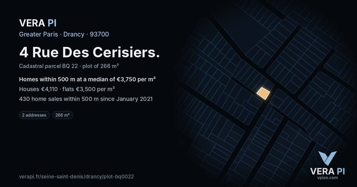 4 Rue Des Cerisiers, Drancy at night – the plot lit, the parcels around coloured by the prices near them