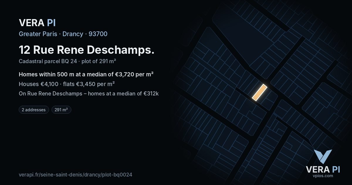 12 Rue Rene Deschamps, Drancy at night – the plot lit, the parcels around coloured by the prices near them