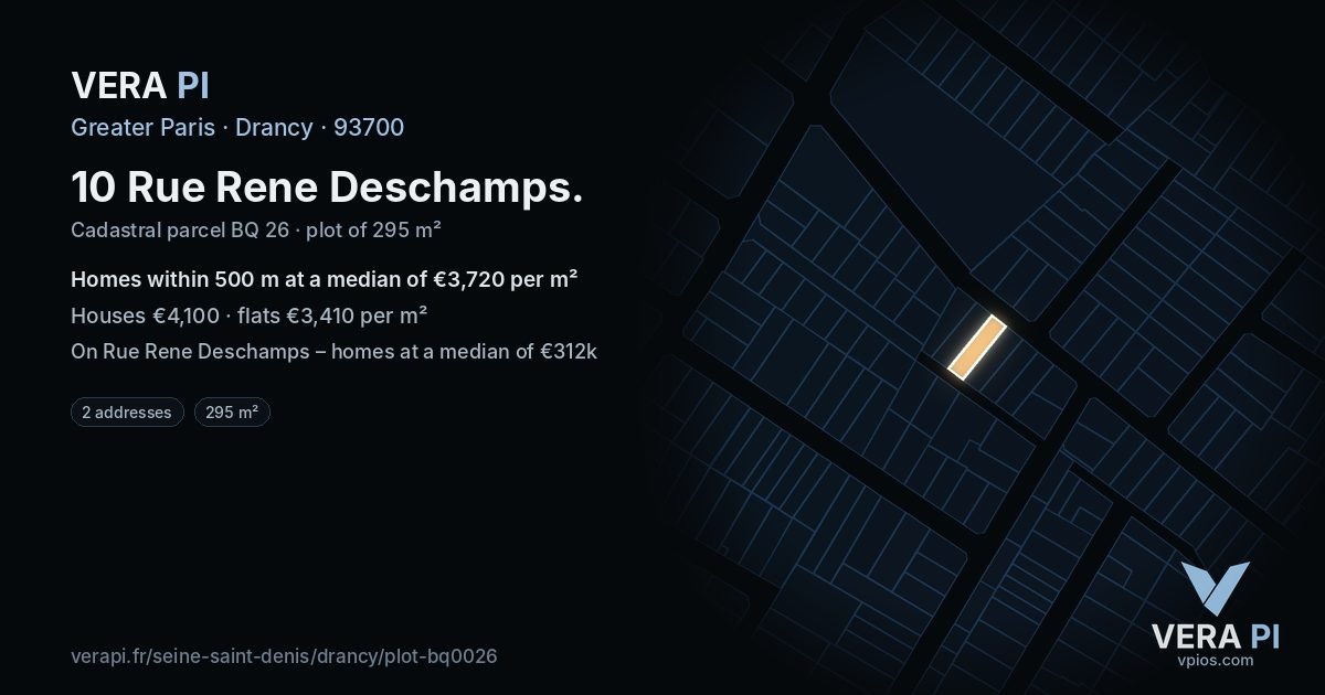 10 Rue Rene Deschamps, Drancy at night – the plot lit, the parcels around coloured by the prices near them