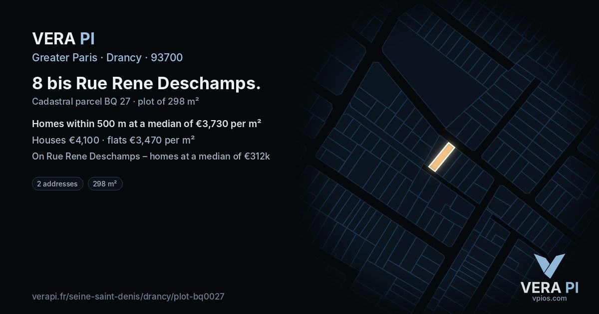 8 bis Rue Rene Deschamps, Drancy at night – the plot lit, the parcels around coloured by the prices near them