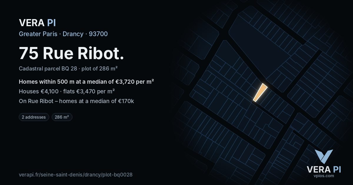75 Rue Ribot, Drancy at night – the plot lit, the parcels around coloured by the prices near them