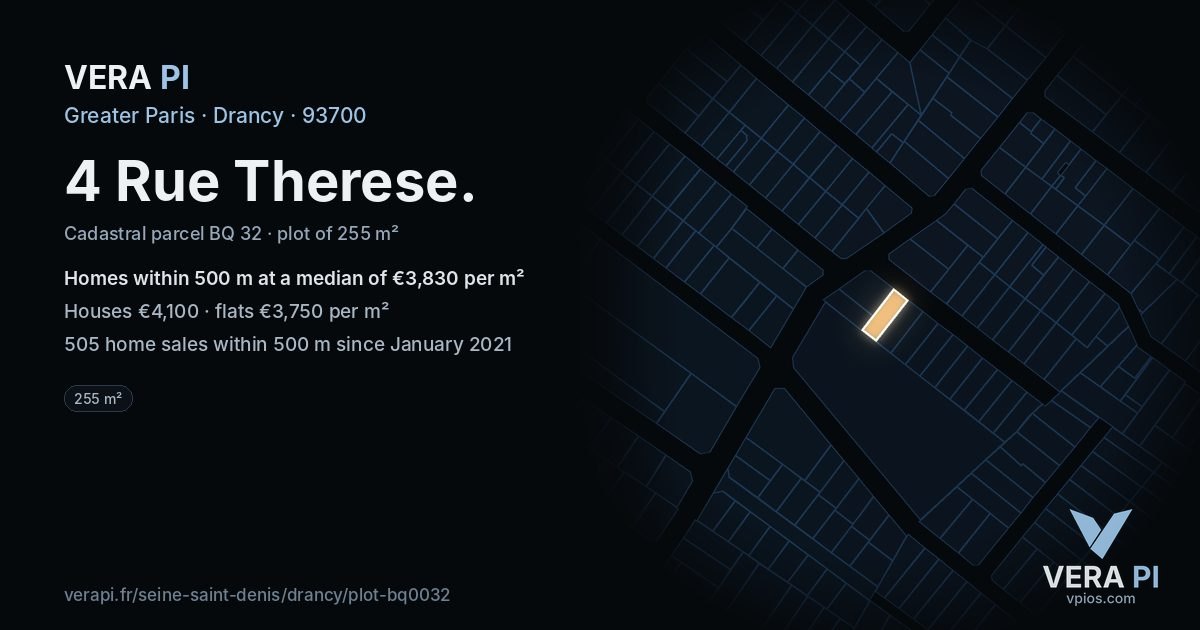 4 Rue Therese, Drancy at night – the plot lit, the parcels around coloured by the prices near them