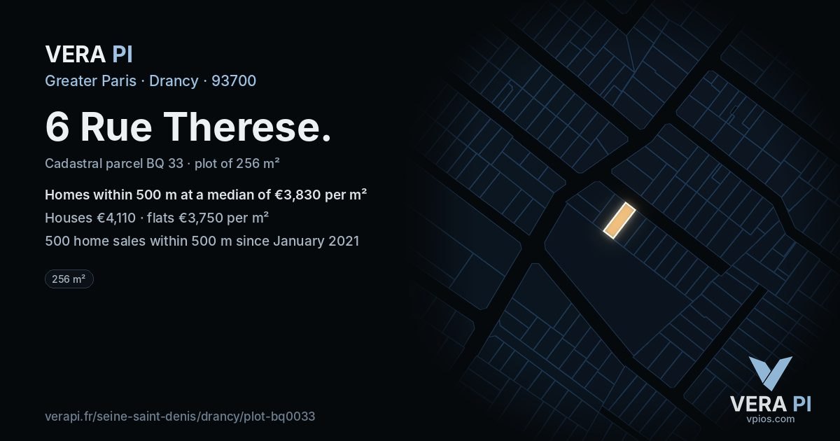 6 Rue Therese, Drancy at night – the plot lit, the parcels around coloured by the prices near them