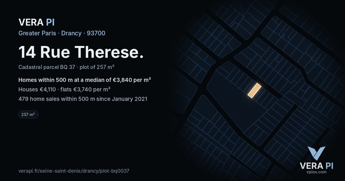 14 Rue Therese, Drancy at night – the plot lit, the parcels around coloured by the prices near them