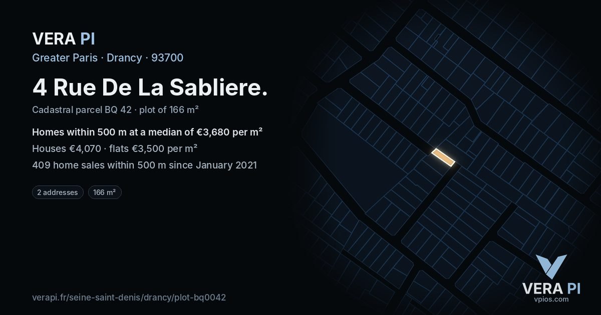 4 Rue De La Sabliere, Drancy at night – the plot lit, the parcels around coloured by the prices near them