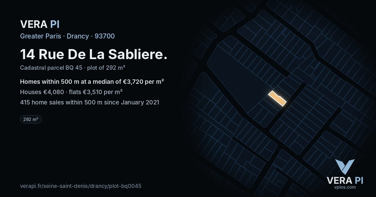 14 Rue De La Sabliere, Drancy at night – the plot lit, the parcels around coloured by the prices near them