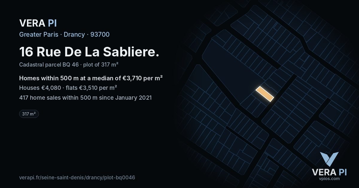 16 Rue De La Sabliere, Drancy at night – the plot lit, the parcels around coloured by the prices near them