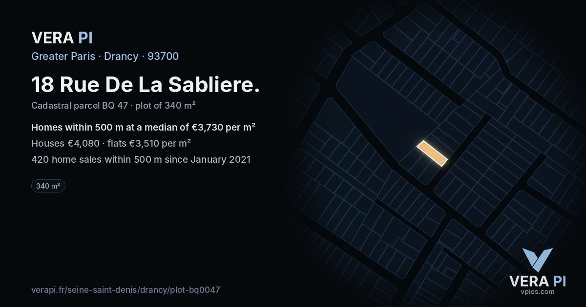 18 Rue De La Sabliere, Drancy at night – the plot lit, the parcels around coloured by the prices near them