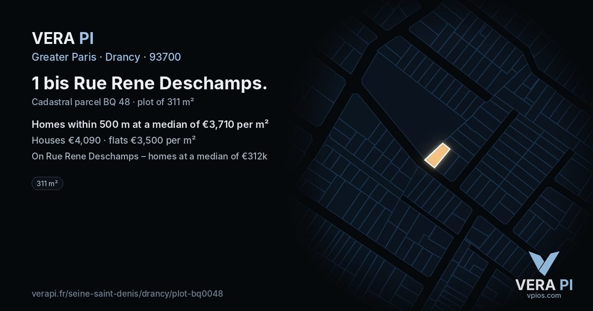 1 bis Rue Rene Deschamps, Drancy at night – the plot lit, the parcels around coloured by the prices near them