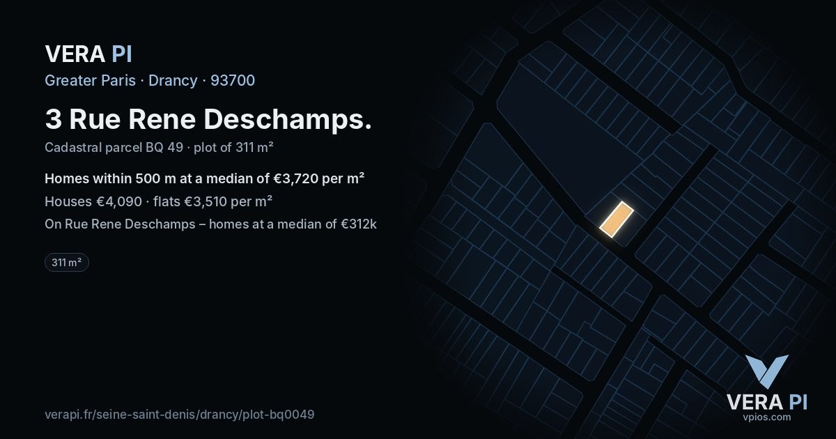 3 Rue Rene Deschamps, Drancy at night – the plot lit, the parcels around coloured by the prices near them