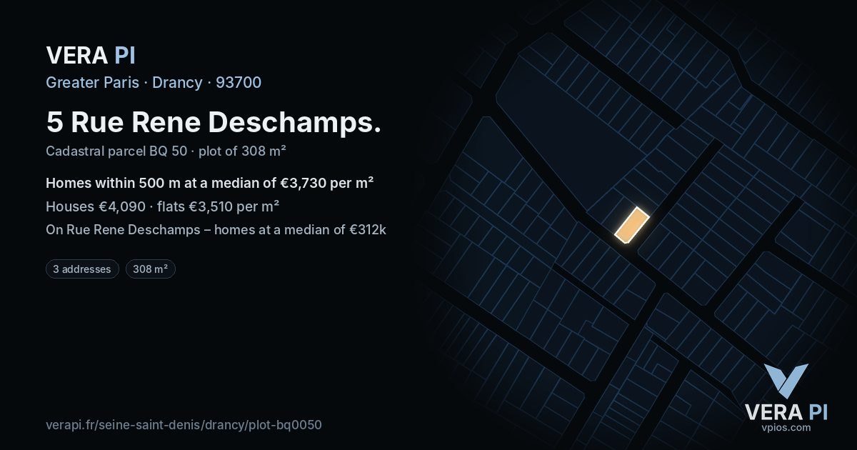 5 Rue Rene Deschamps, Drancy at night – the plot lit, the parcels around coloured by the prices near them