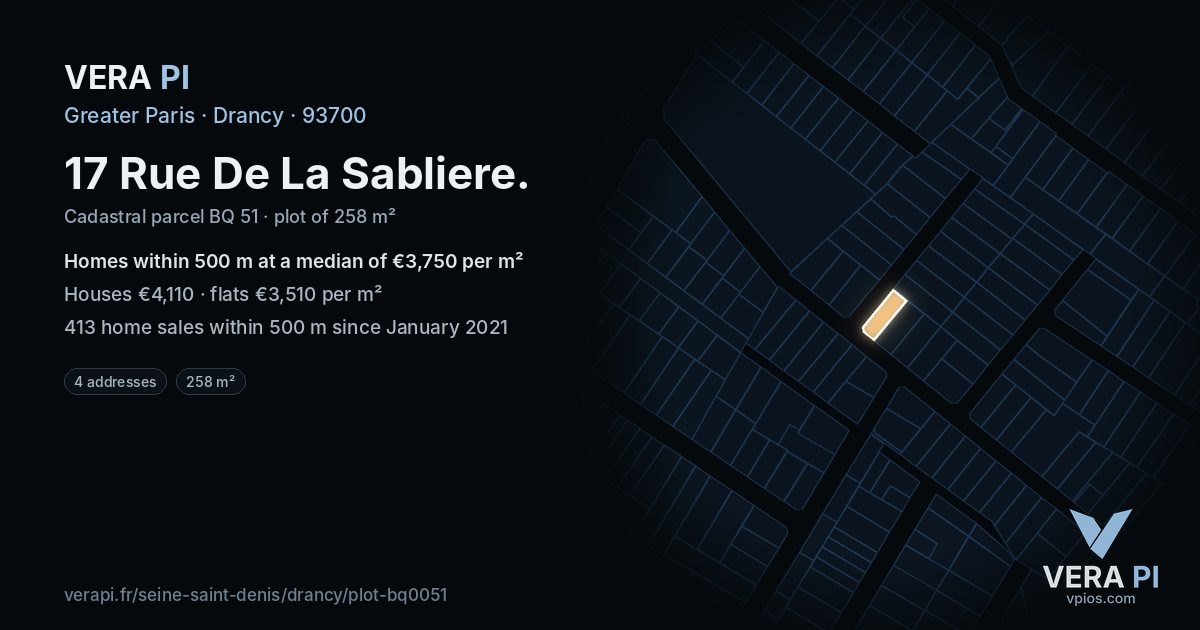 17 Rue De La Sabliere, Drancy at night – the plot lit, the parcels around coloured by the prices near them