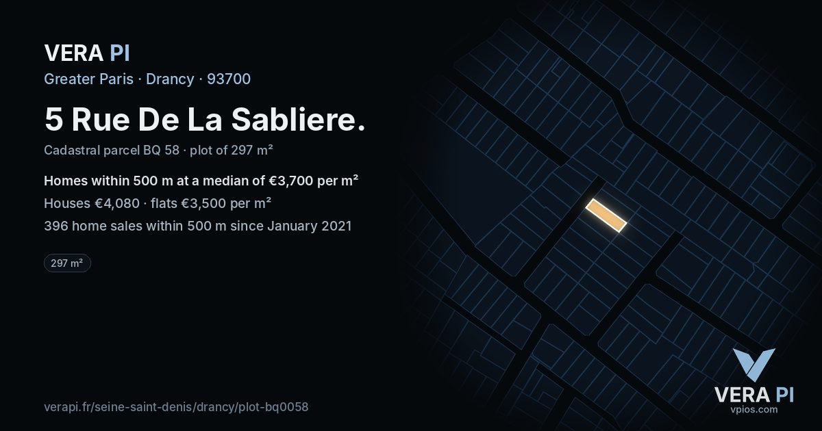 5 Rue De La Sabliere, Drancy at night – the plot lit, the parcels around coloured by the prices near them