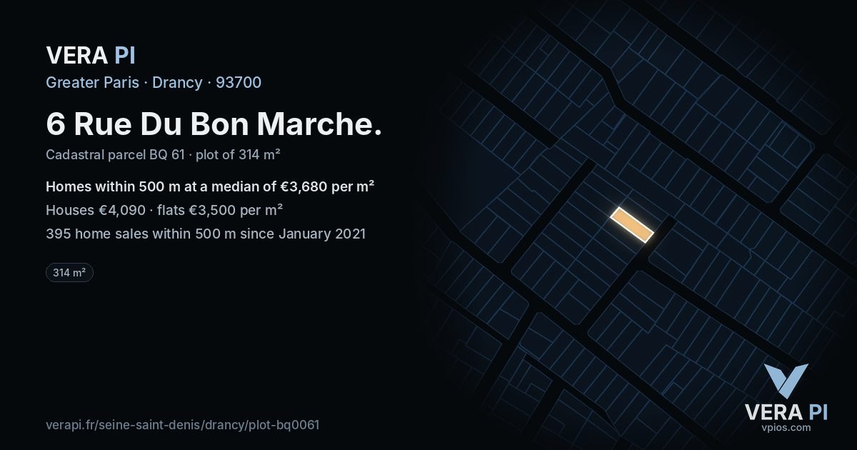 6 Rue Du Bon Marche, Drancy at night – the plot lit, the parcels around coloured by the prices near them