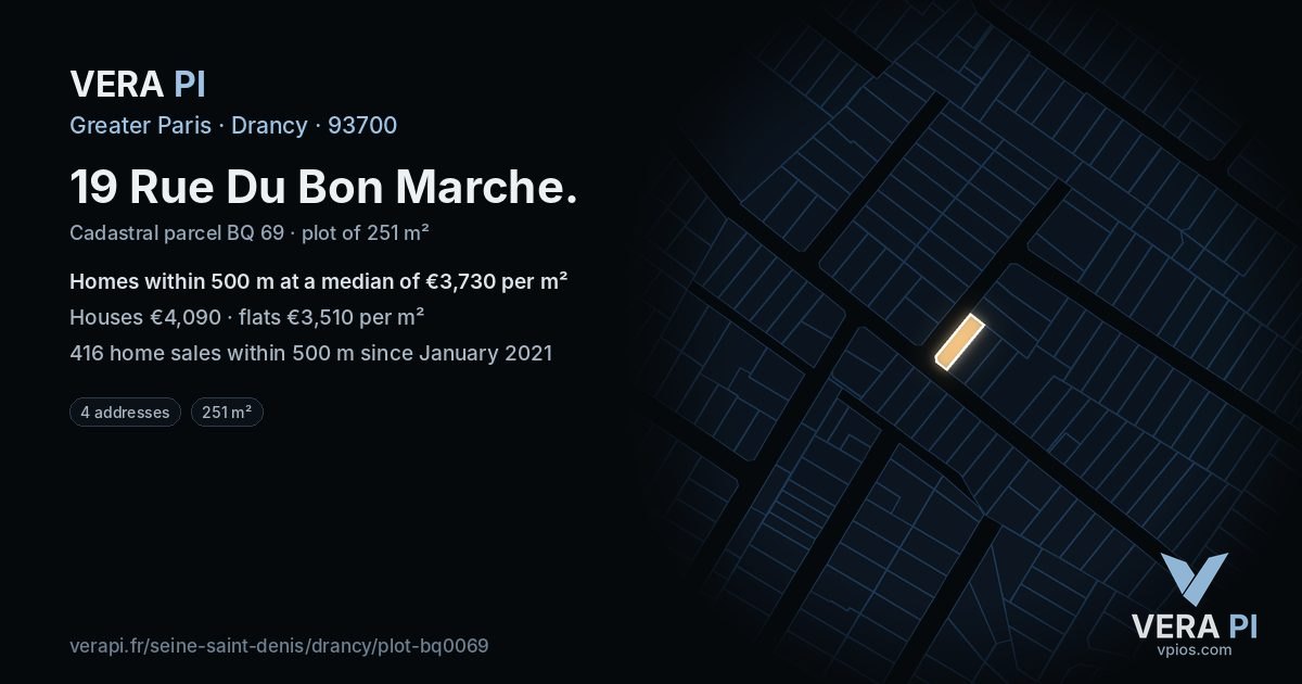 19 Rue Du Bon Marche, Drancy at night – the plot lit, the parcels around coloured by the prices near them