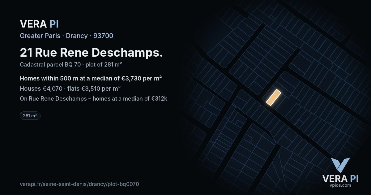 21 Rue Rene Deschamps, Drancy at night – the plot lit, the parcels around coloured by the prices near them