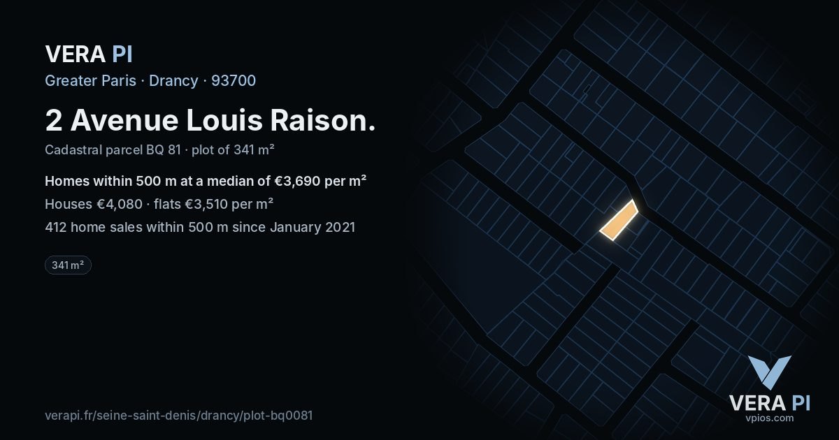 2 Avenue Louis Raison, Drancy at night – the plot lit, the parcels around coloured by the prices near them
