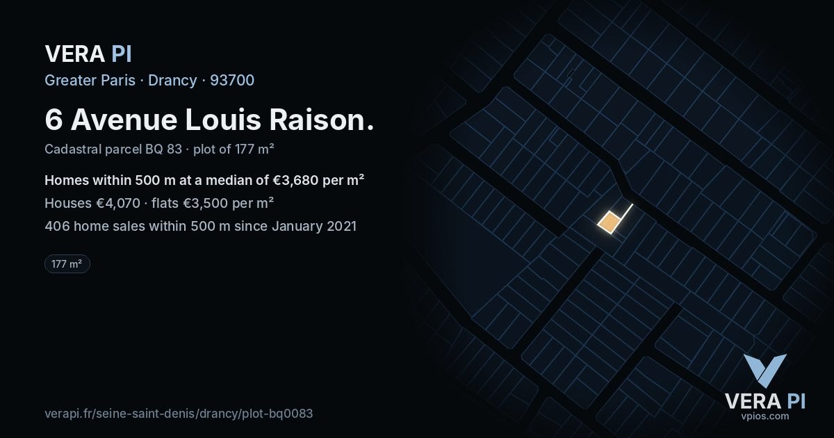6 Avenue Louis Raison, Drancy at night – the plot lit, the parcels around coloured by the prices near them