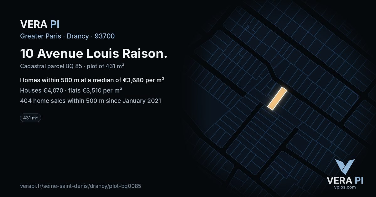 10 Avenue Louis Raison, Drancy at night – the plot lit, the parcels around coloured by the prices near them